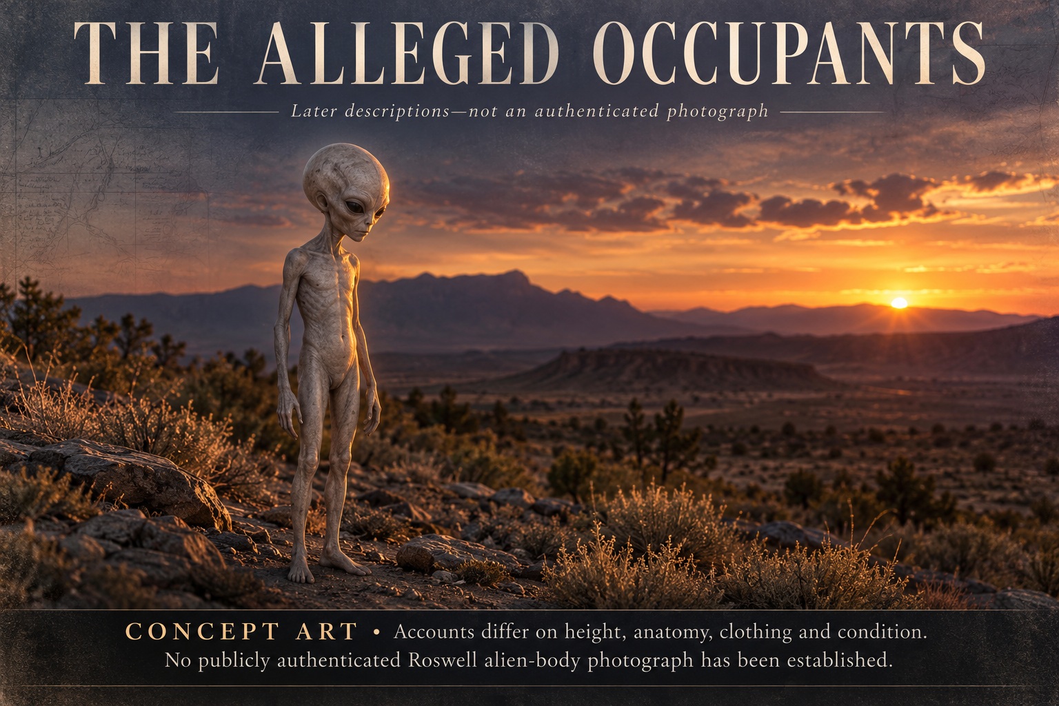 Clearly labelled concept art illustrating a small humanoid motif in later Roswell occupant claims, not an authenticated body photograph