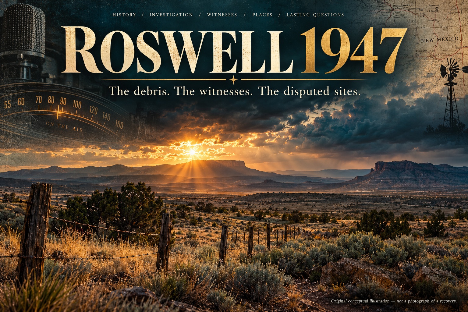 Roswell incident magazine illustration of a New Mexico ranch landscape with archival radio motifs