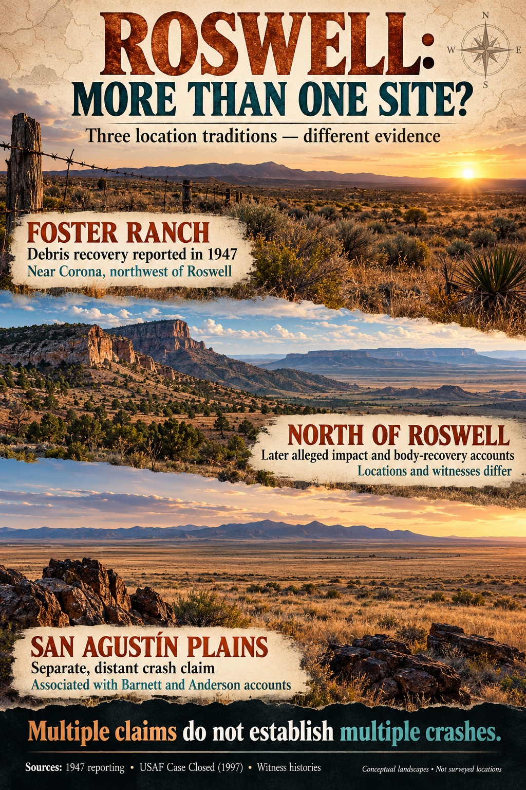 Infographic comparing the Foster Ranch debris field, later sites north of Roswell and the distant San Agustín Plains claim