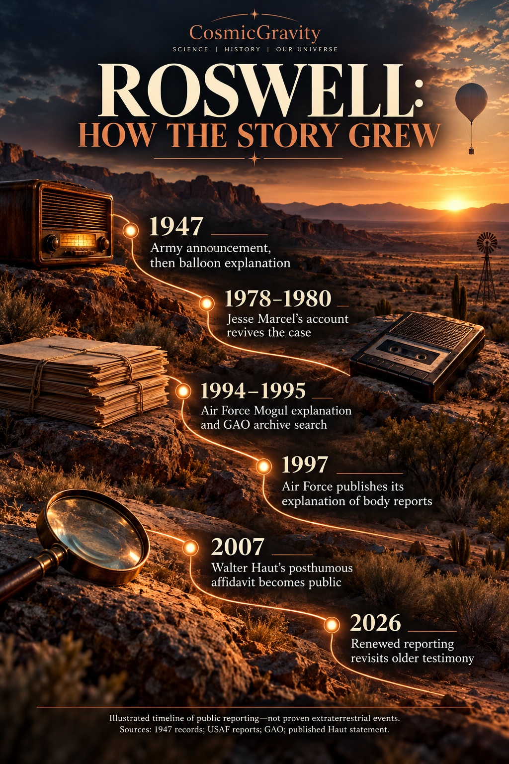 Magazine timeline showing the 1947 announcement, 1978–1980 revival, government reports, 2007 Haut affidavit publication and renewed 2026 coverage