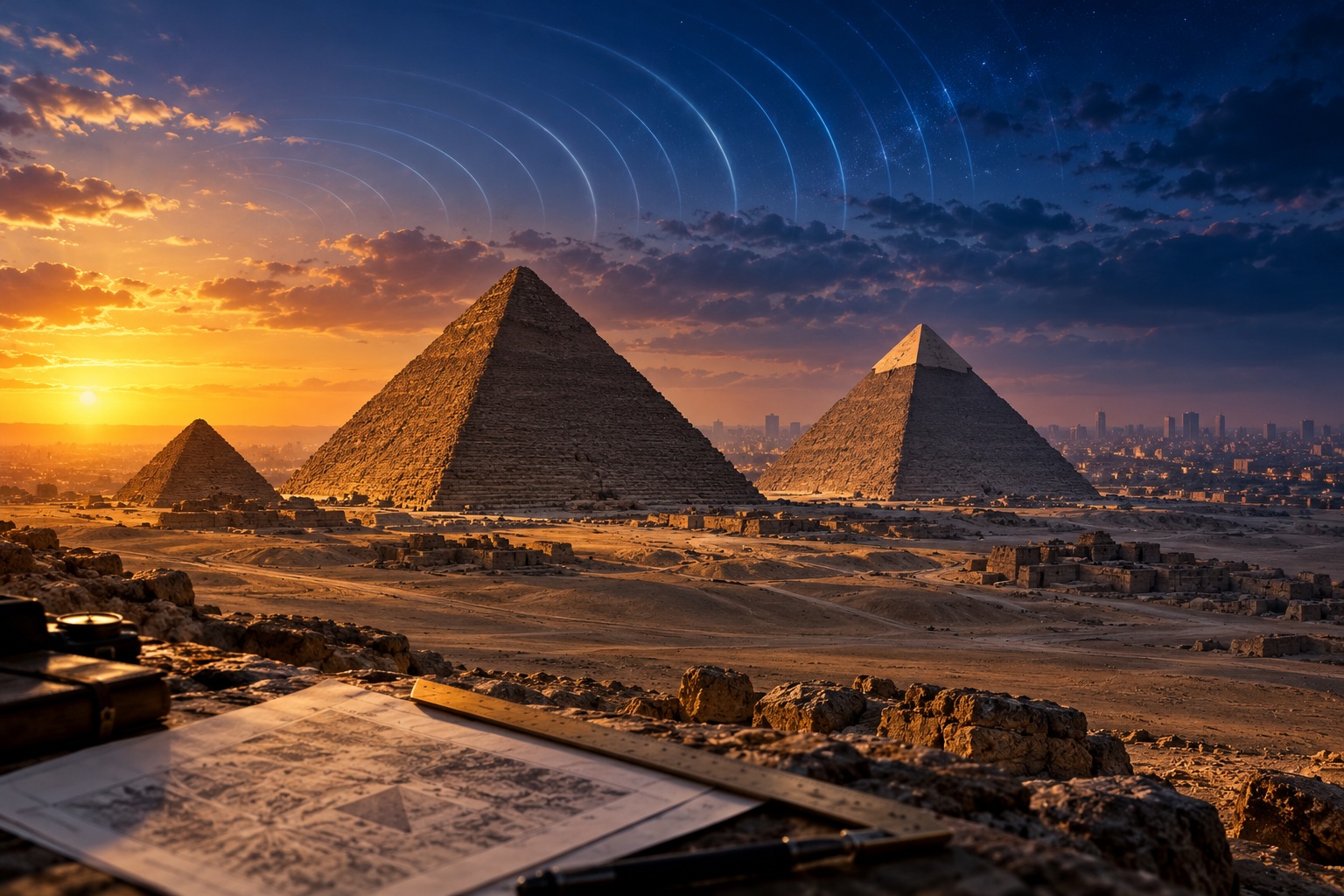 Filippo Biondi pyramid scan investigation illustrated with the Giza pyramids and a satellite radar motif