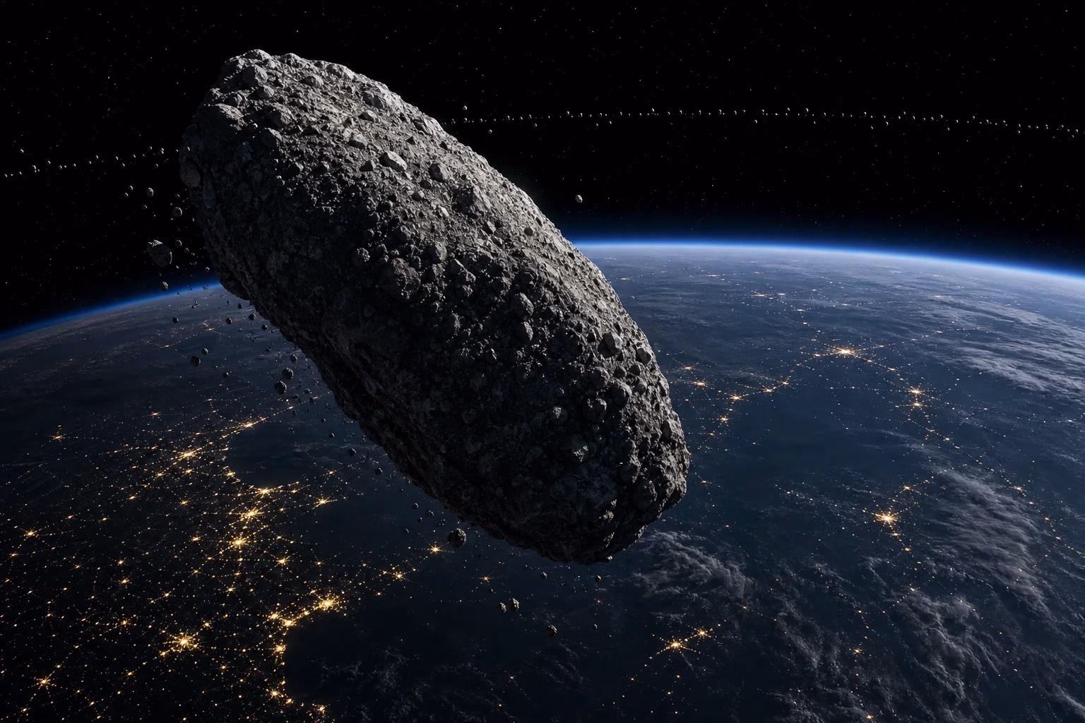 Rocky asteroid Apophis passing close above the curved night side of Earth