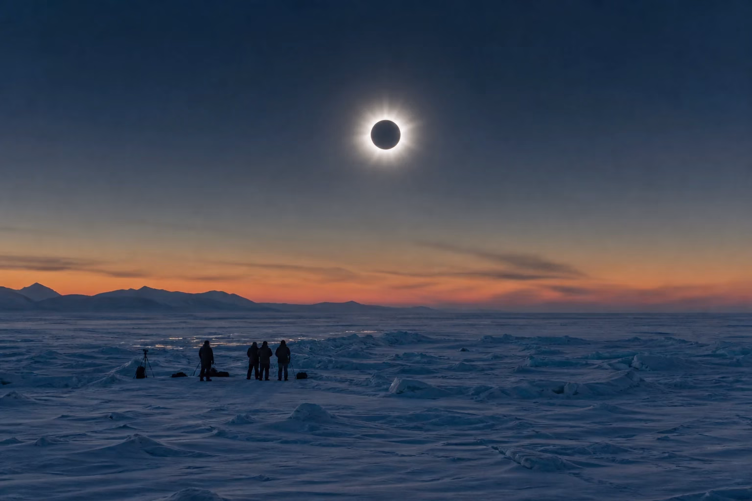 Total solar eclipse low above an Arctic Alaska snow landscape with the corona visible