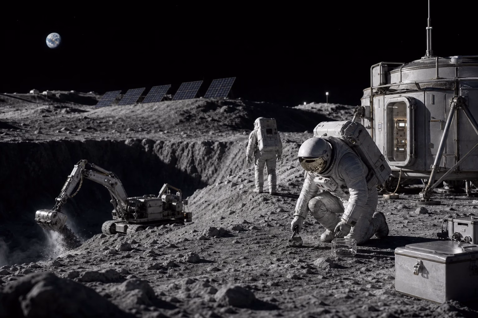 Astronauts and robotic mining equipment working near a lunar south pole habitat