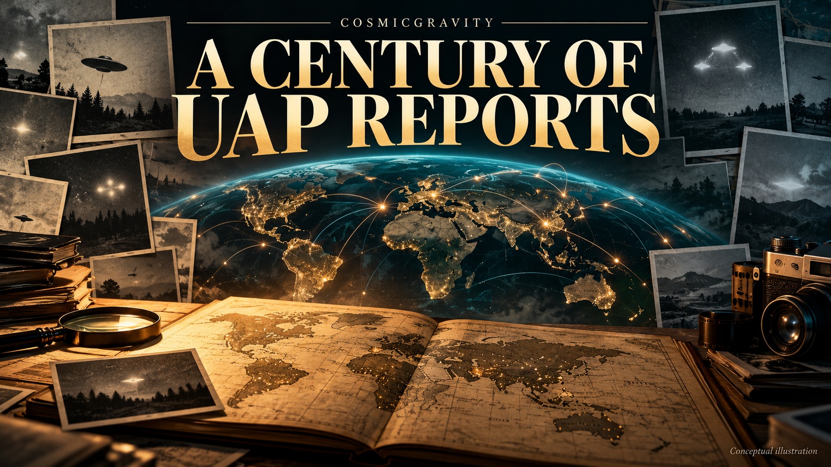 Magazine illustration for The Global UAP/UFO Case Atlas (1900–2025)