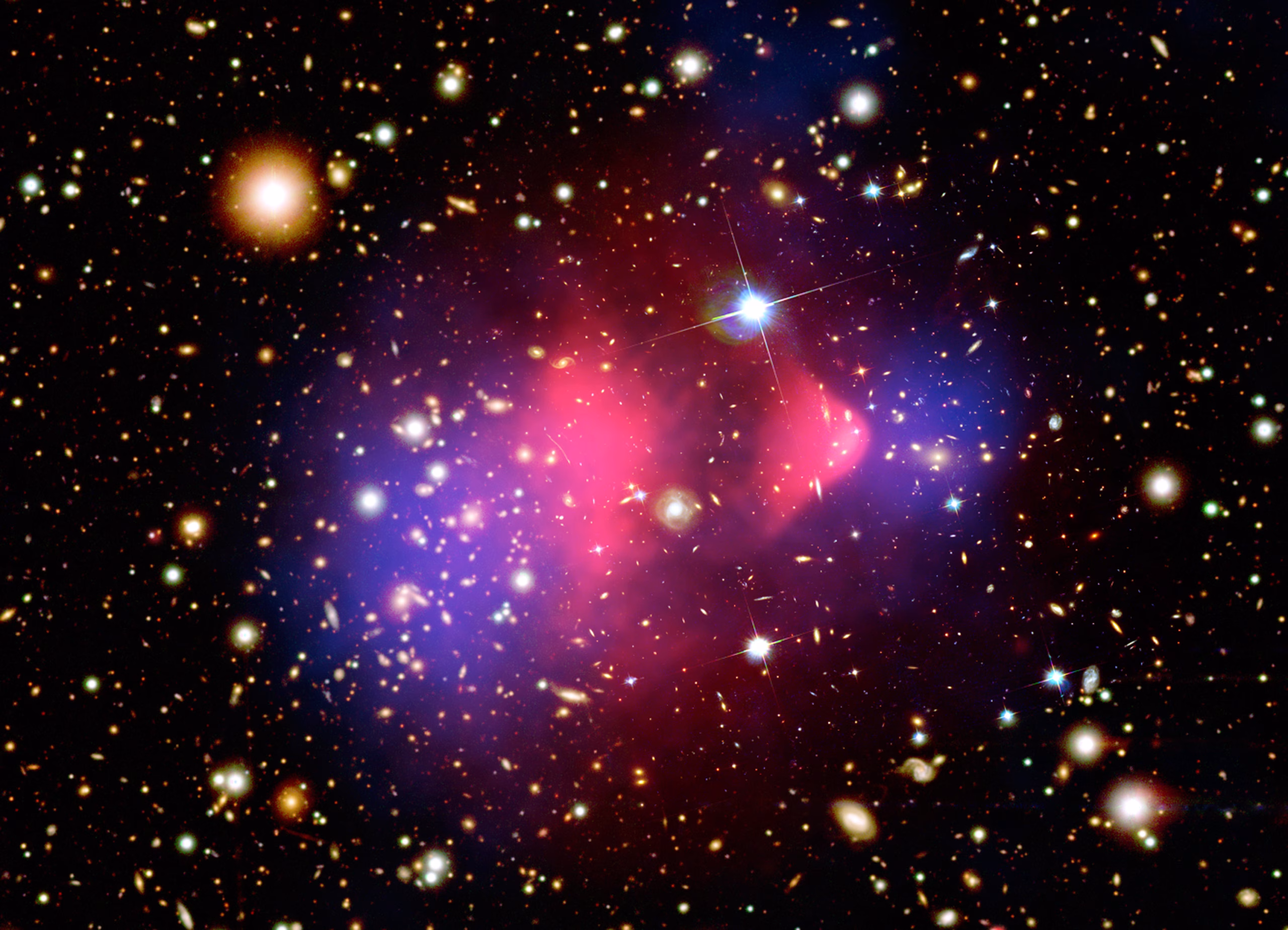 Bullet Cluster composite with pink X-ray gas and blue lensing-derived mass distribution