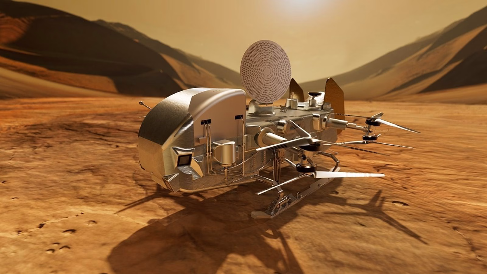 cg-dragonfly-titan-artist-concept Artist's concept of NASA's Dragonfly rotorcraft on the surface of Titan