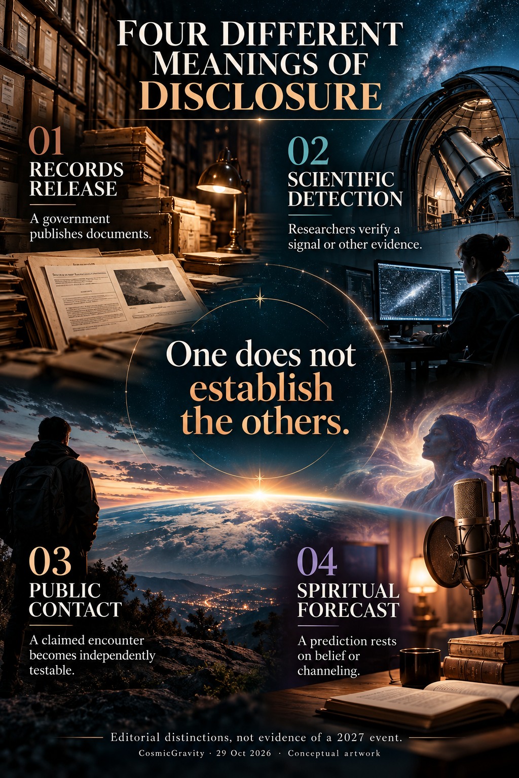 Magazine infographic distinguishing records release, scientific detection, public contact and spiritual forecasts