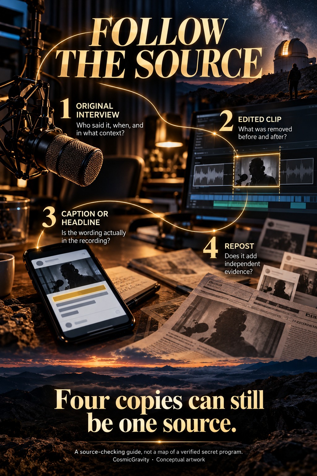 Source-checking infographic tracing an original interview through clips, captions and reposts
