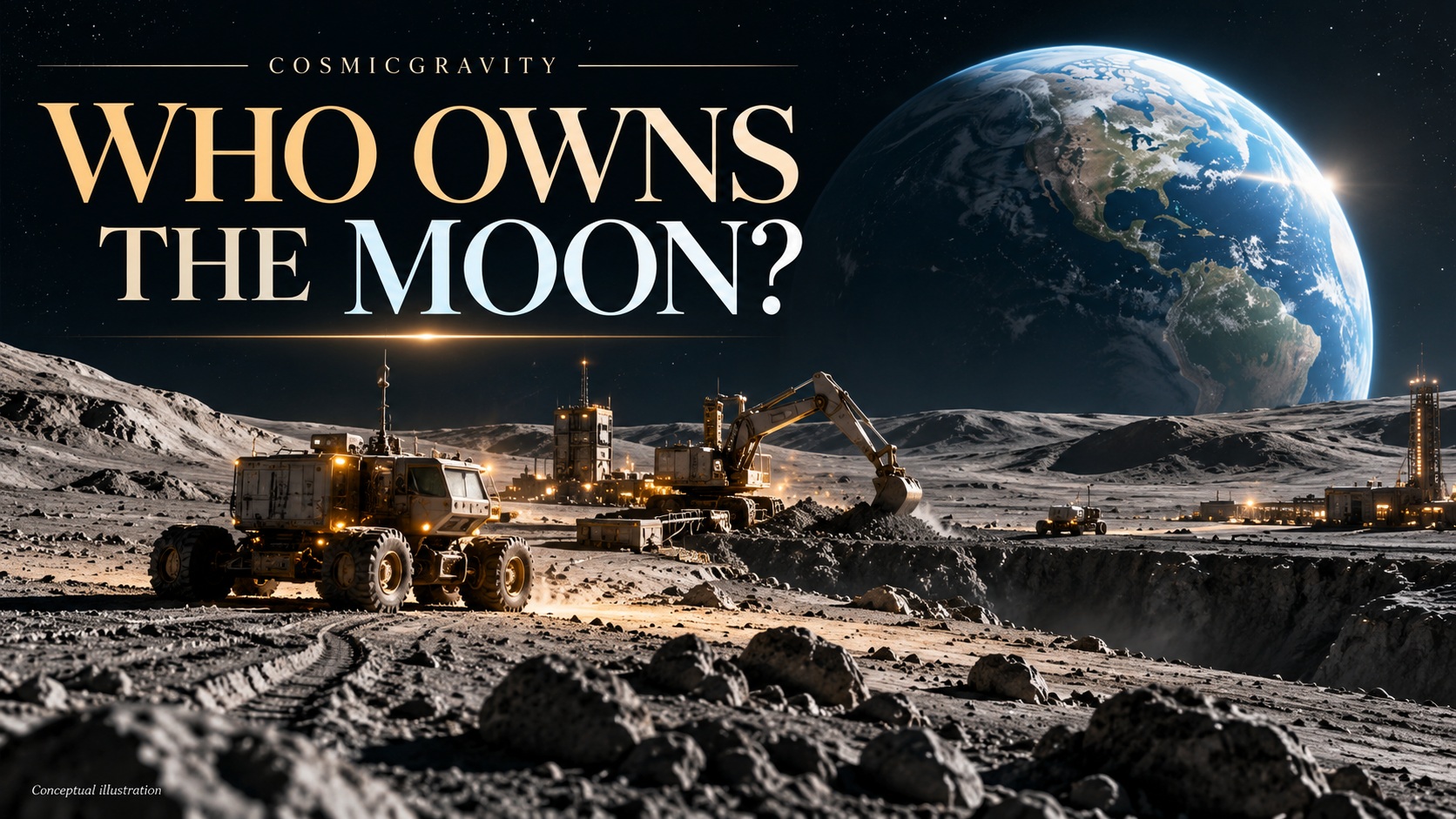 Magazine illustration for Who Owns the Moon? The Coming Battle Over Lunar Resources