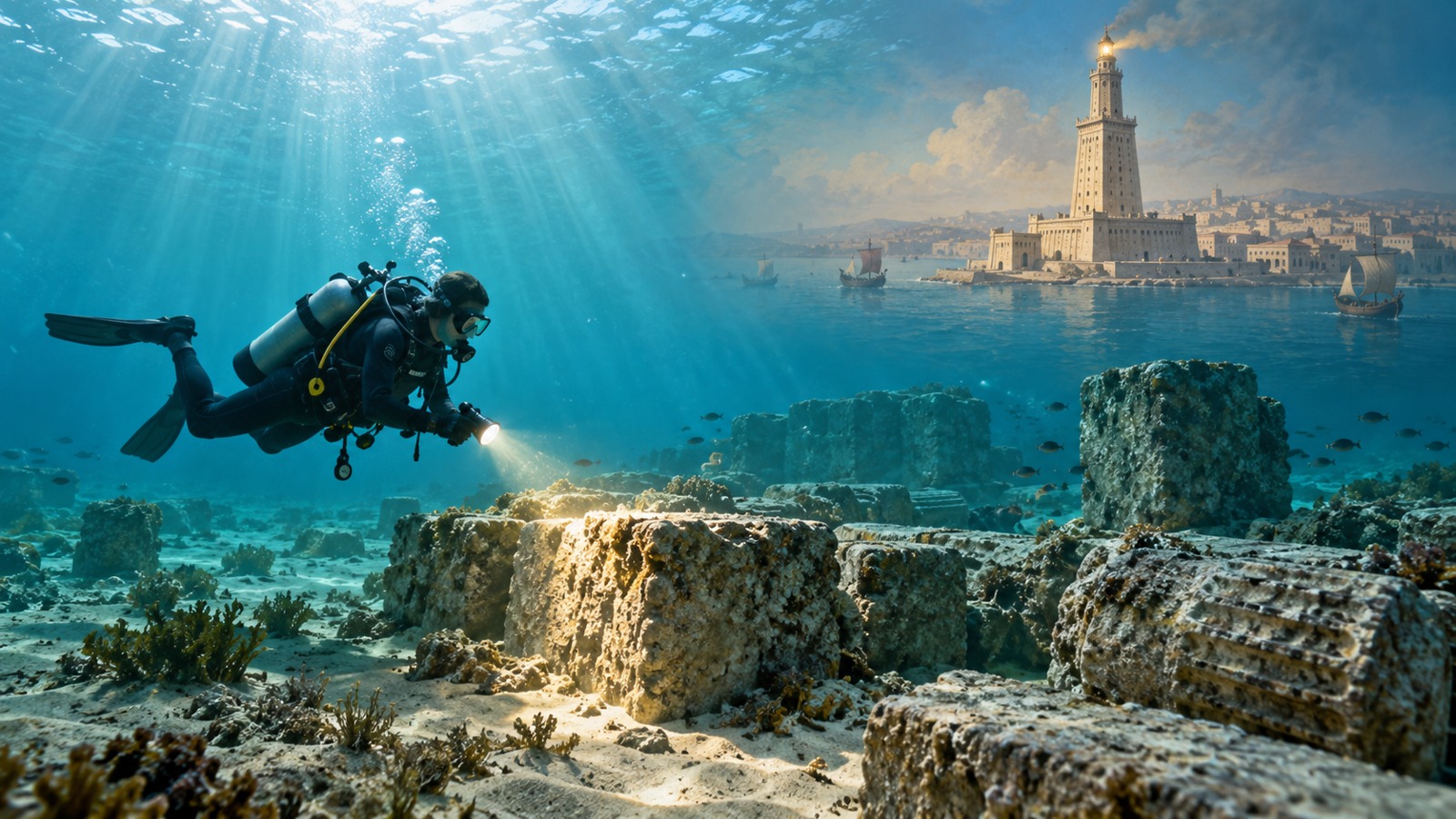 Illustration accompanying the Lighthouse of Alexandria bronze ring discovery: a diver surveys ruins with an imagined Pharos above