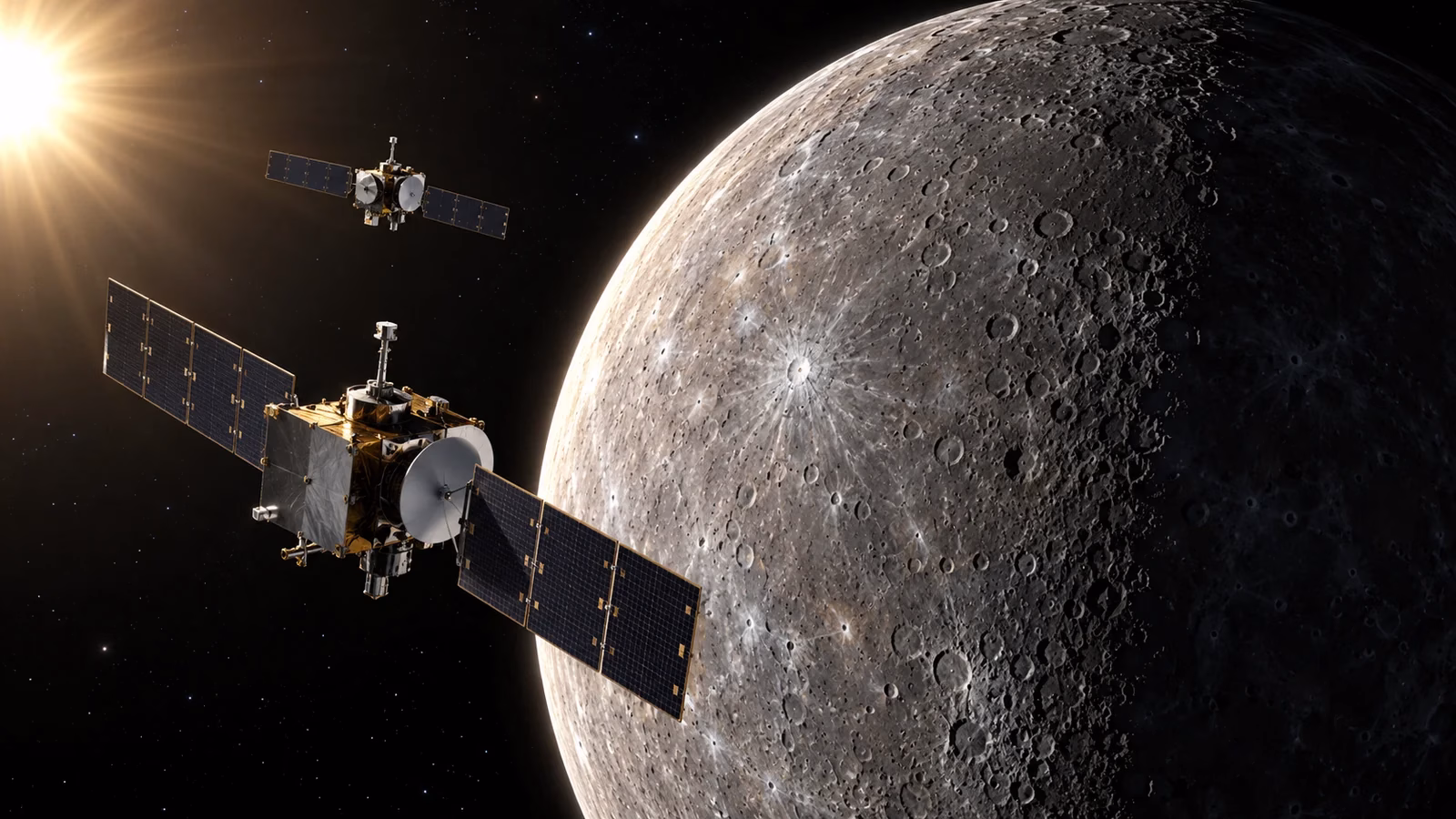 Concept illustration for BepiColombo Mercury arrival, showing two generic orbiters near the cratered planet.