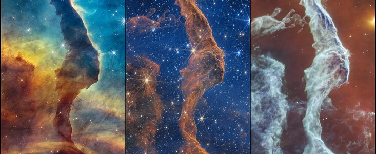Cat’s Head Nebula shown in Hubble visible light, Webb near-infrared and Webb mid-infrared, from left to right