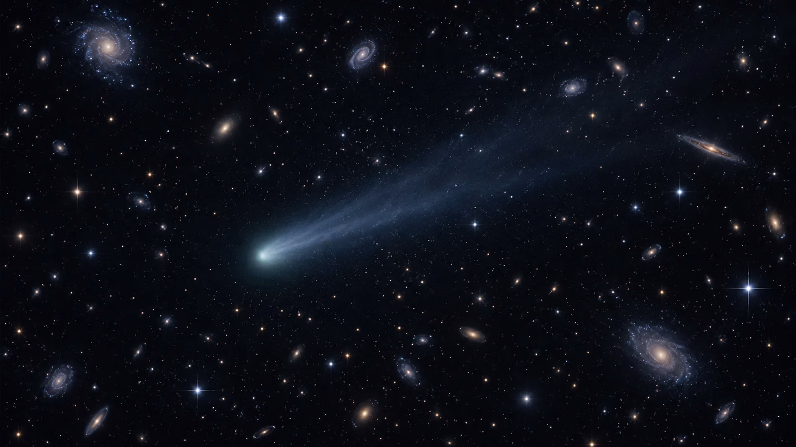 Illustration accompanying the Euclid comet discovery: a faint comet against distant galaxies.