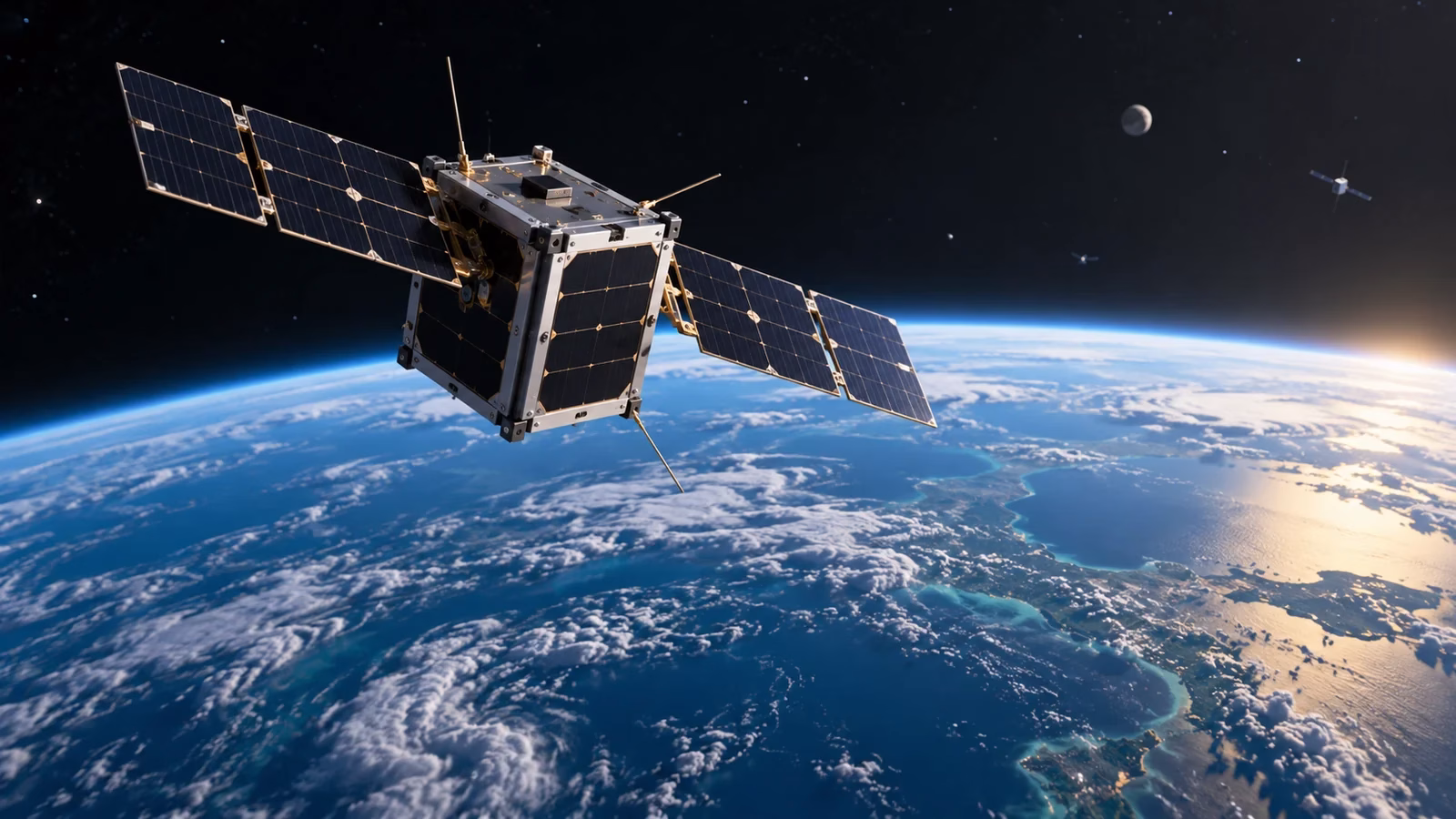 Concept illustration of the GOMX-5 satellite mission: a generic CubeSat above Earth.