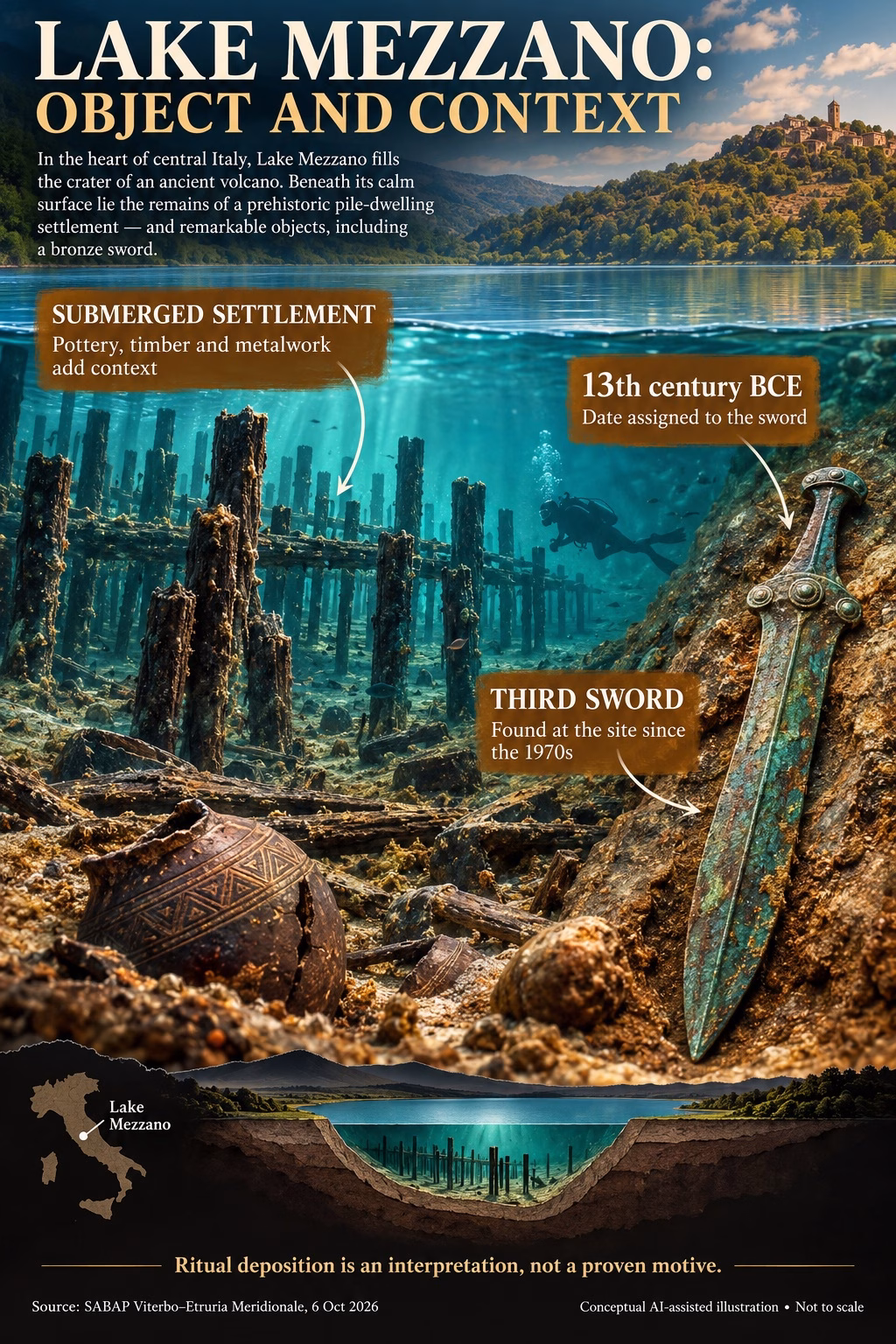 Lake Mezzano infographic linking the sword's 13th-century BCE date, its status as the third sword found since the 1970s and the submerged settlement context