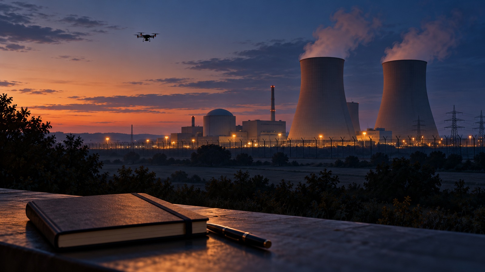 Conceptual illustration for drones over nuclear sites, showing a generic power station and an ordinary quadcopter