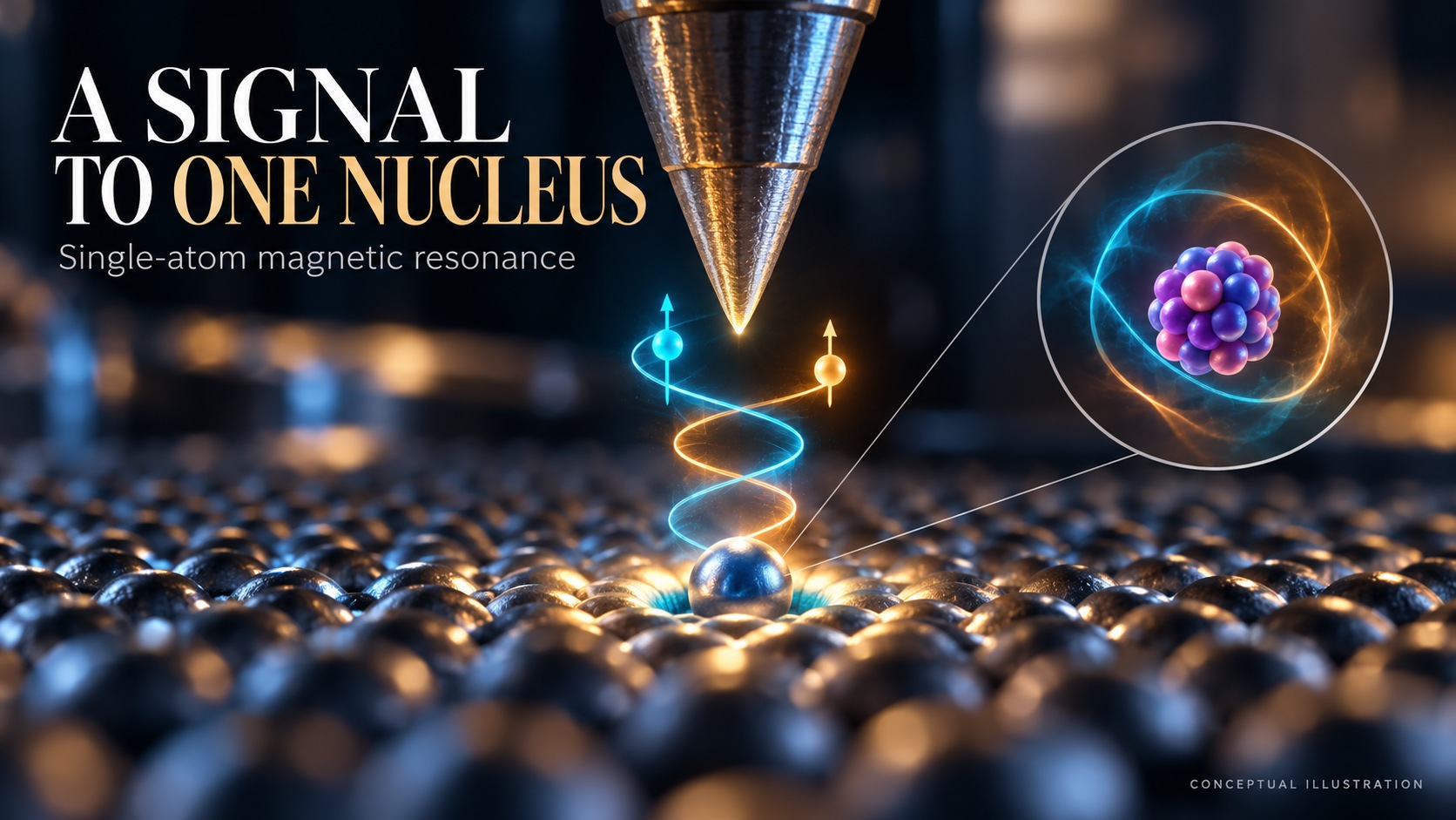 Conceptual illustration of a microscope probe sending signals towards the electron spin and nuclear spin of one atom on a surface