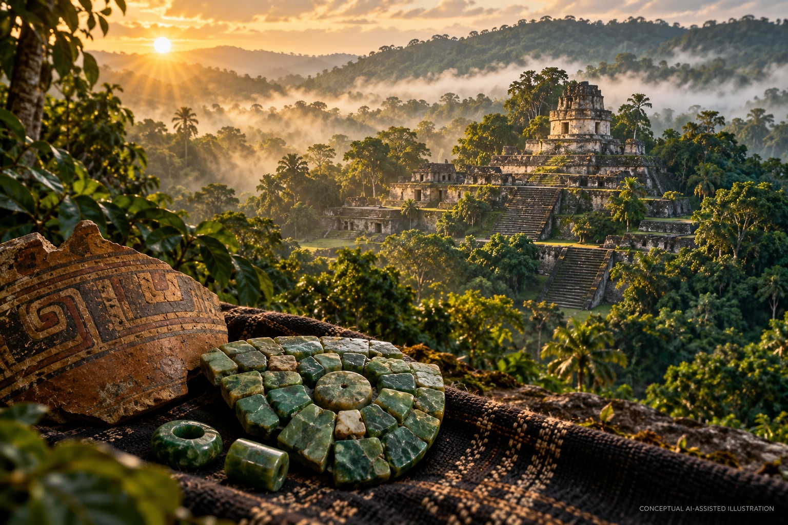 Conceptual illustration of Maya architecture at Caracol amid rainforest with stylised jade and pottery motifs