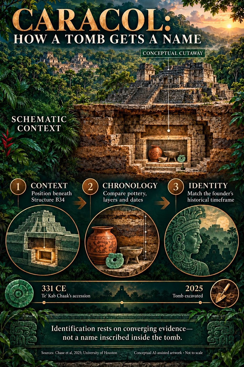 Caracol Maya tomb infographic connecting archaeological context, chronology and the historical timeframe of Te’ Kab Chaak