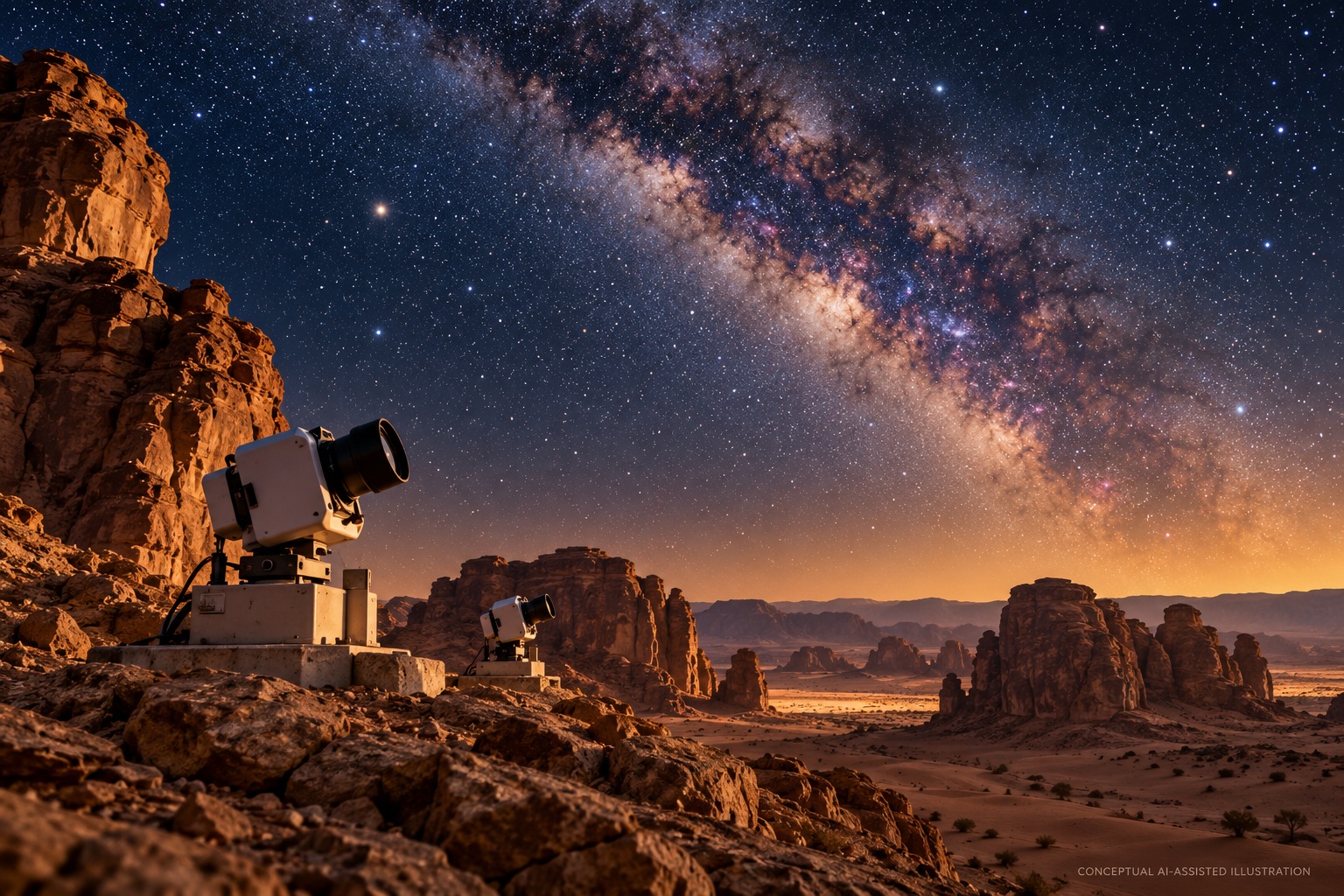 Conceptual illustration of LaserSETI-style optical cameras under AlUla’s desert night sky