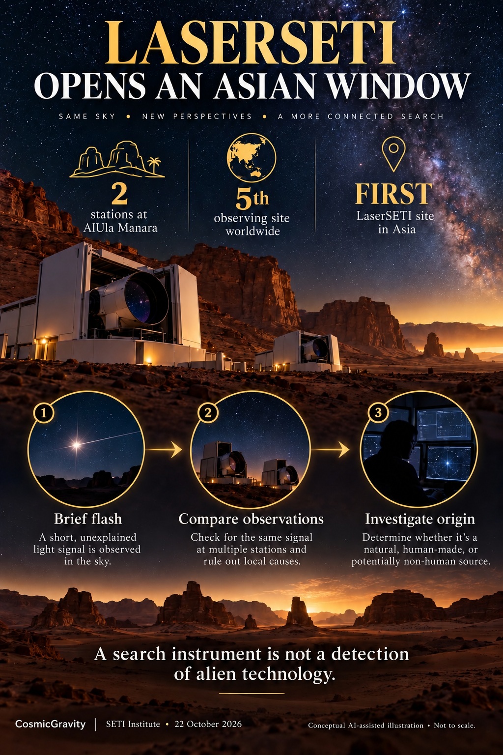 LaserSETI in AlUla infographic: two stations, fifth worldwide observing site and first site in Asia