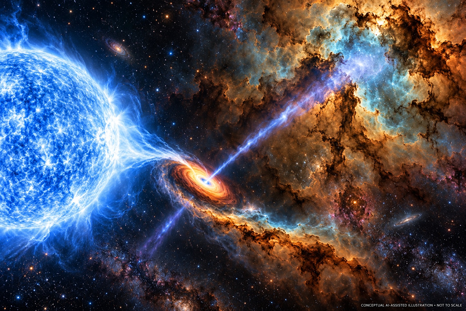 Conceptual illustration of LMC P3 with a massive blue star, compact companion and a jet interacting with a molecular cloud