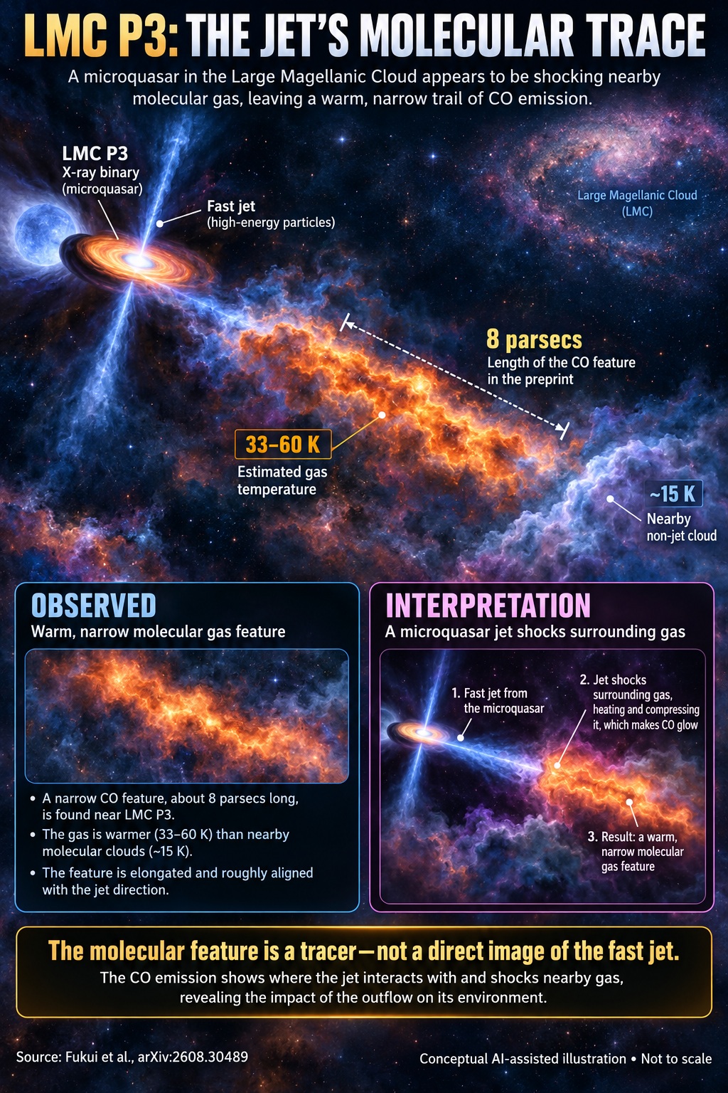 LMC P3 infographic distinguishing the observed eight-parsec molecular feature and gas temperatures from the proposed microquasar jet interpretation