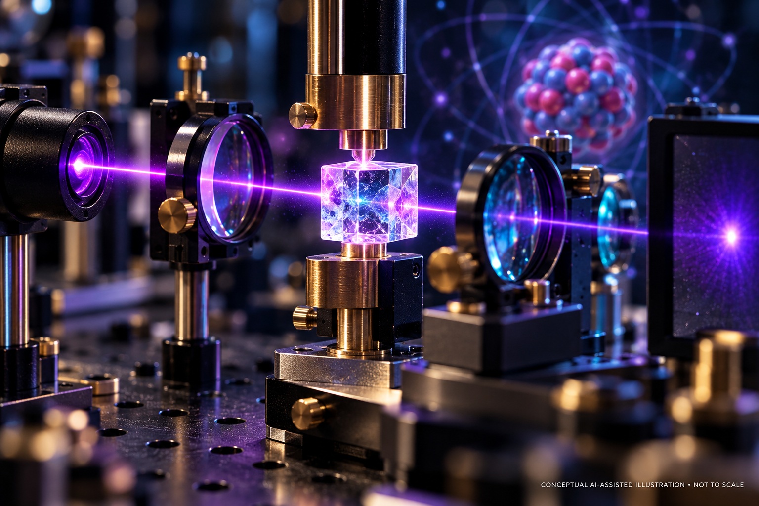 Conceptual illustration of a thorium nuclear clock crystal and laser optics on a laboratory bench