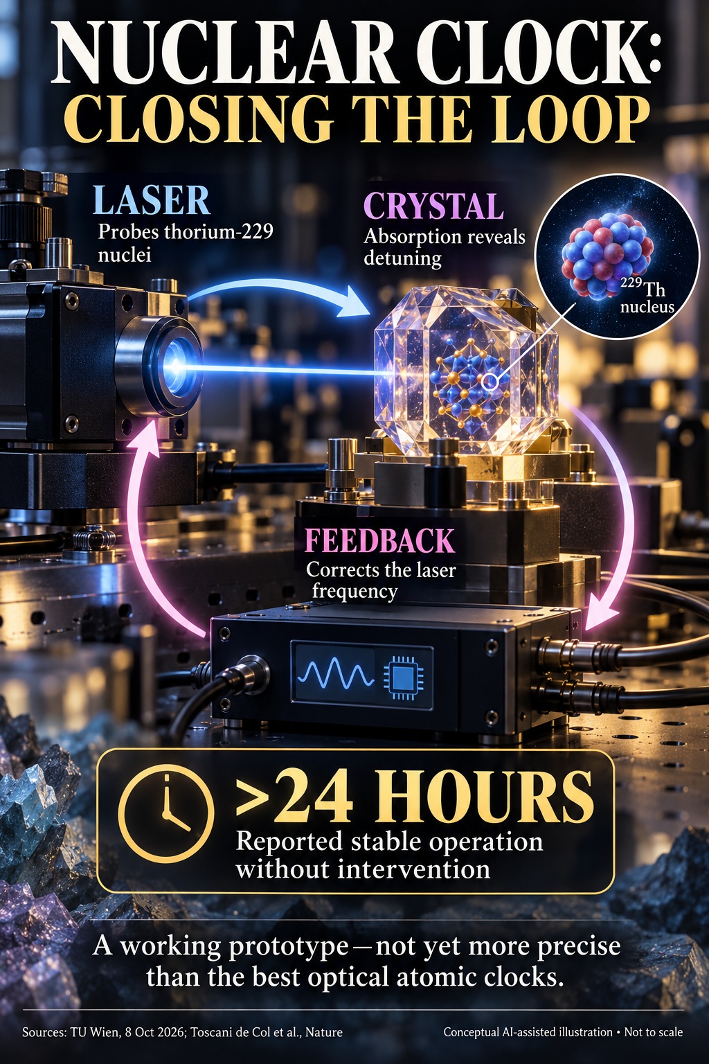Thorium nuclear clock infographic showing laser interrogation, crystal absorption and feedback correction in a closed loop