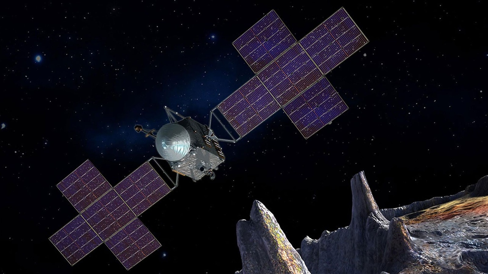 Psyche Is Pushing Toward Its Asteroid—and Managing a Tiny Twist — feature NASA artist’s concept of Psyche with cross-shaped solar arrays approaching its asteroid