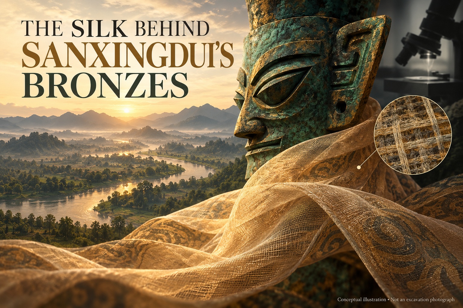 Sanxingdui silk conceptual illustration combining an ancient Shu-inspired bronze mask, woven cloth and a Sichuan landscape