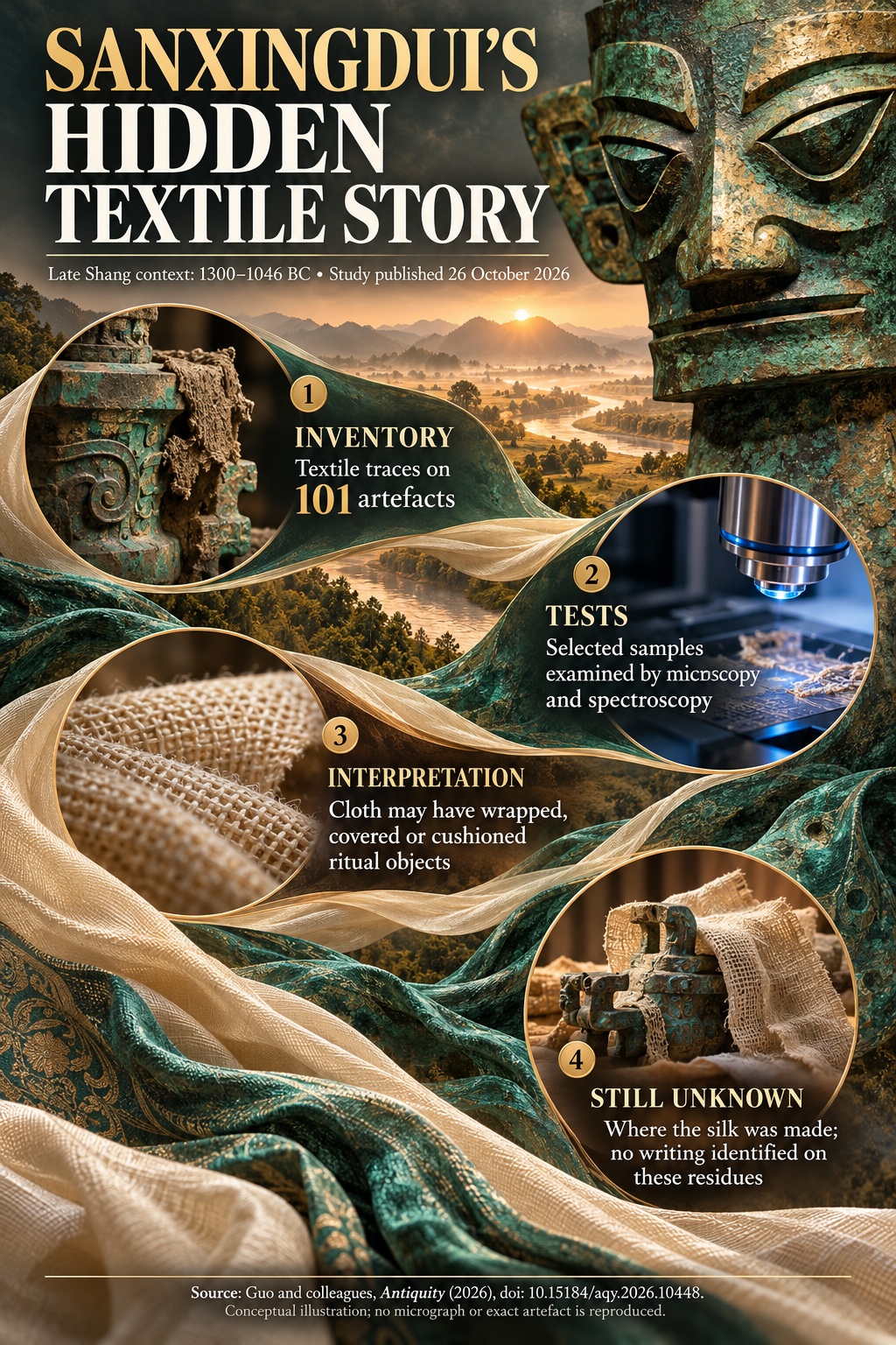 Magazine infographic distinguishing the Sanxingdui textile inventory, sample tests, proposed ritual uses and unanswered questions