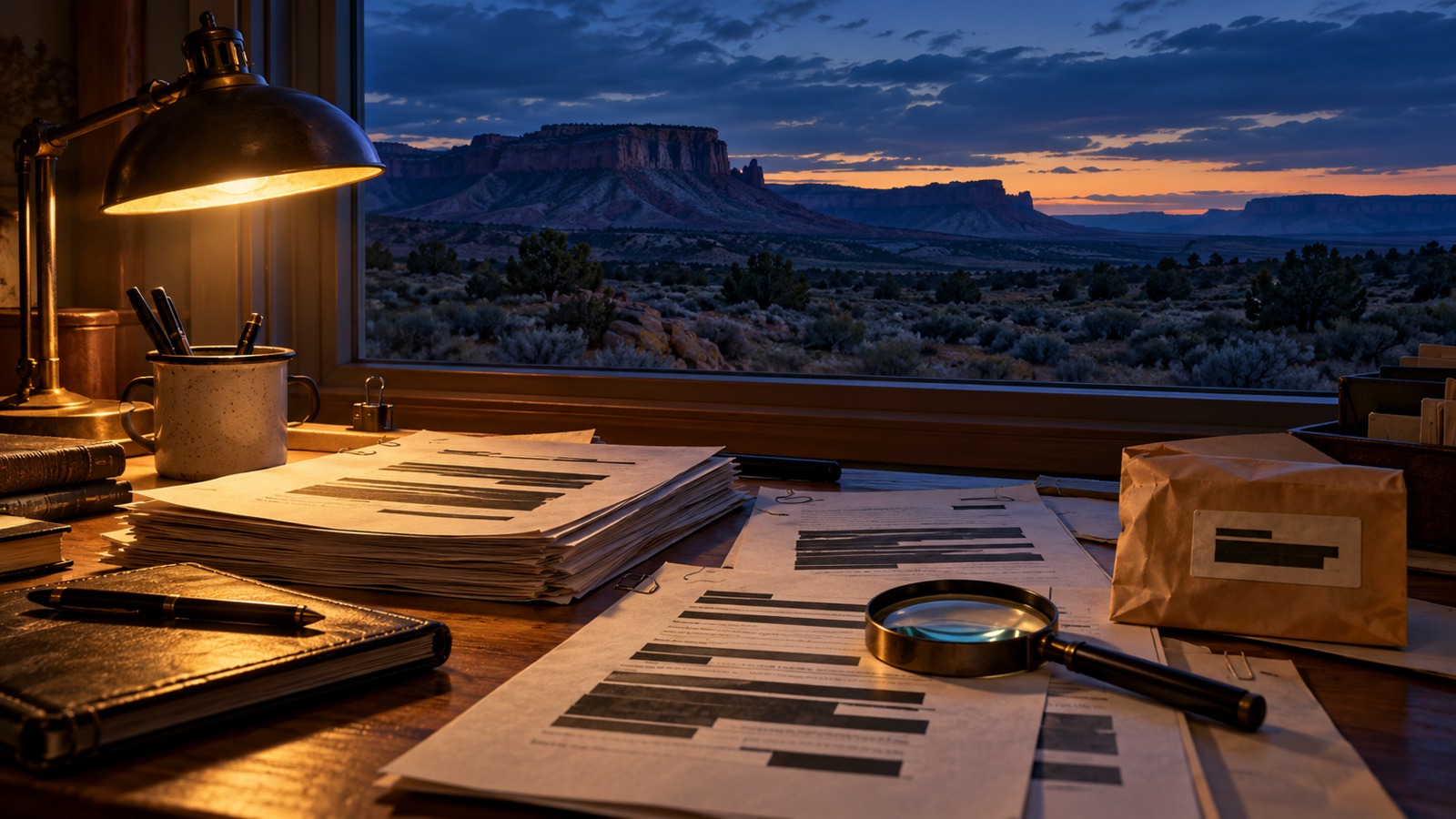 Conceptual illustration for the Skinwalker Ranch files: redacted papers on a desk overlooking Utah mesas