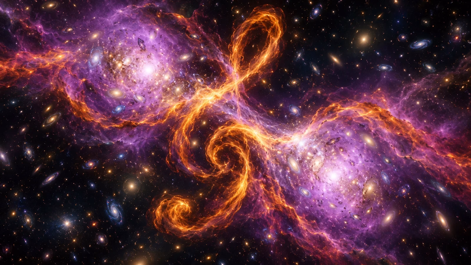 Conceptual illustration of the Treble Clef galaxy cluster with glowing gas and curved radio filaments.