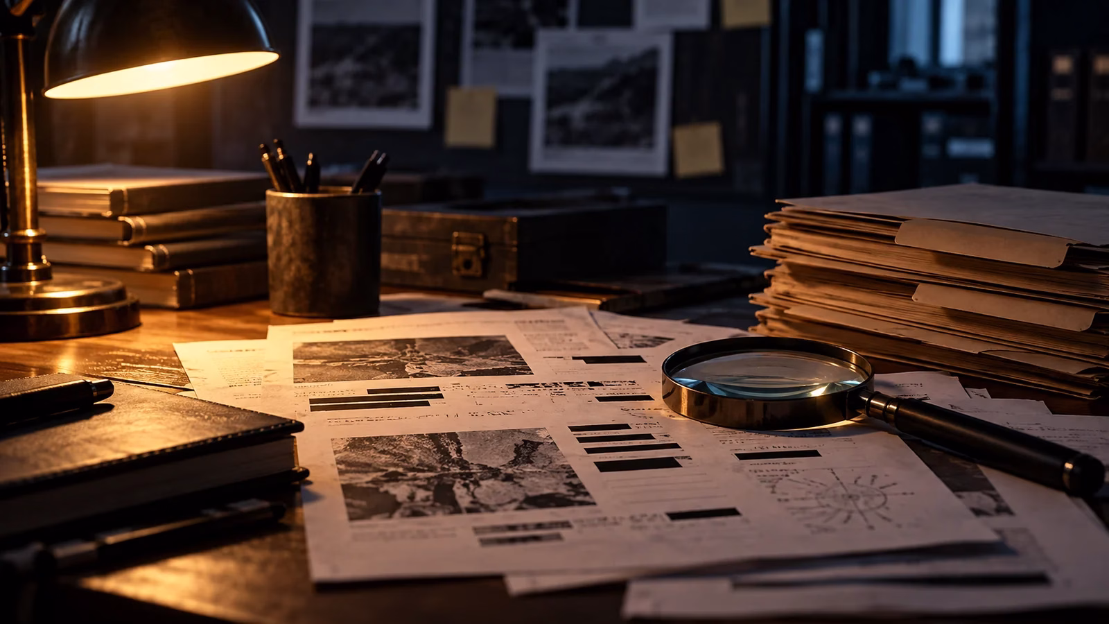 Illustrative desk scene for UFO files tranche 7, with archival folders and abstract redacted pages.