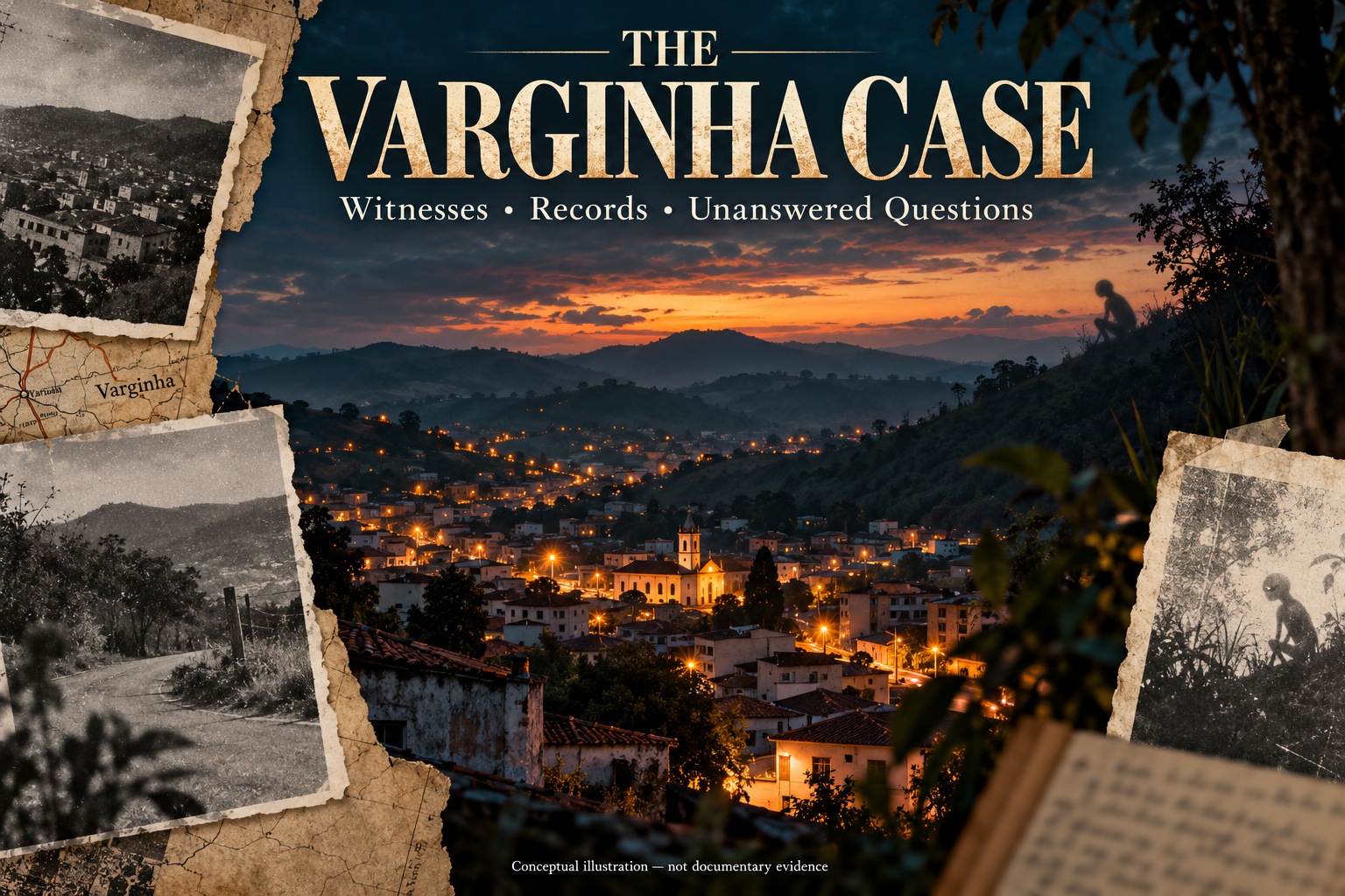 Conceptual magazine cover for the Varginha case with a Brazilian hillside city and archive imagery